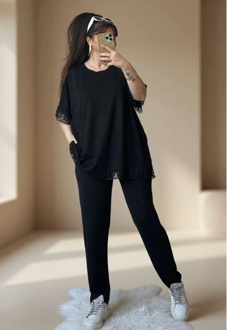 Kol Ve Etek Ucu Dantel Detaylı Takım Siyah