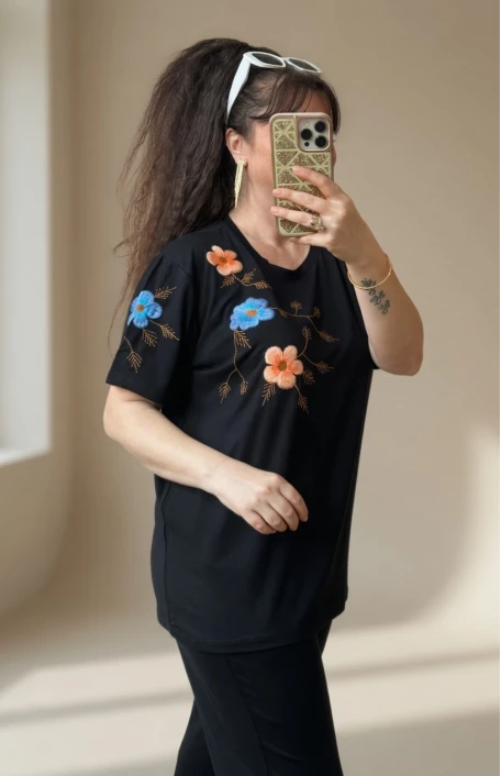 Omuz Nakış İşlemelı Takım Siyah