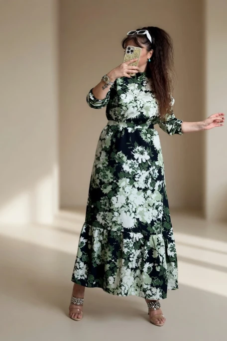 Balıkçı Yaka Yeşil Çıceklı Elbise