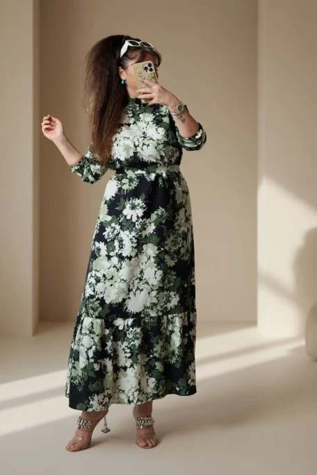 Balıkçı Yaka Yeşil Çıceklı Elbise