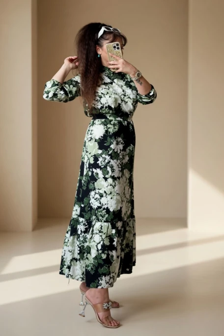 Balıkçı Yaka Yeşil Çıceklı Elbise