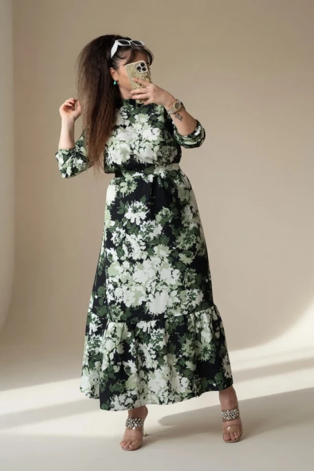 Balıkçı Yaka Yeşil Çıceklı Elbise