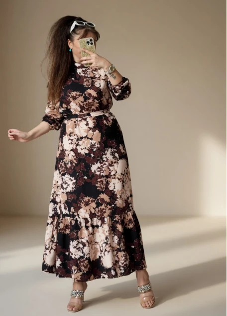 Balıkçı Yaka Kahve Çıceklı Elbise