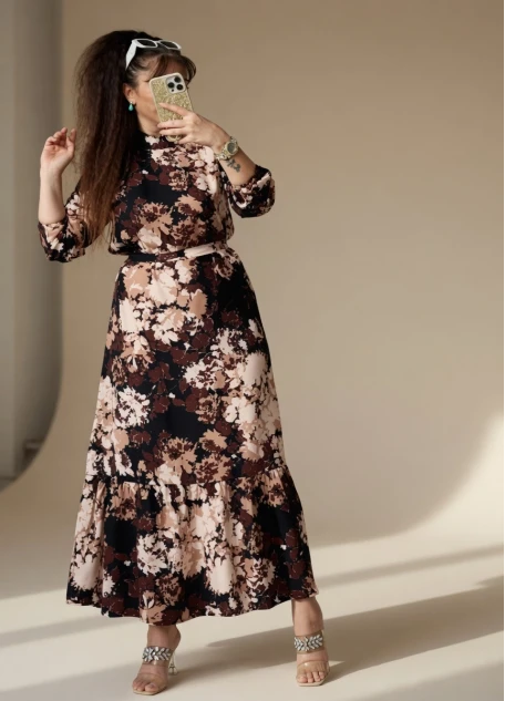 Balıkçı Yaka Kahve Çıceklı Elbise