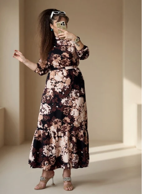 Balıkçı Yaka Kahve Çıceklı Elbise