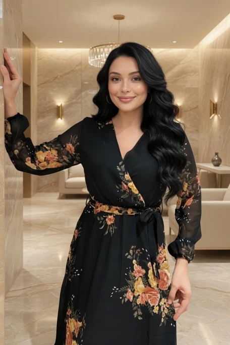 Kruvaze Yaka Çiçek Desenli Şifon Elbise Siyah