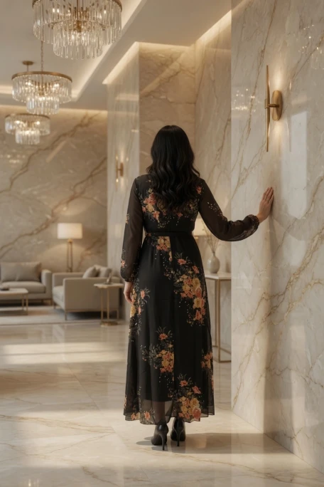 Kruvaze Yaka Çiçek Desenli Şifon Elbise Siyah