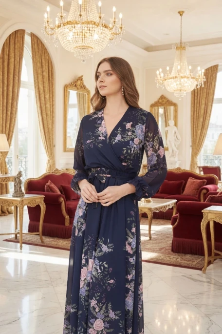 Uzun çiçekli Şifon Elbise - Laci