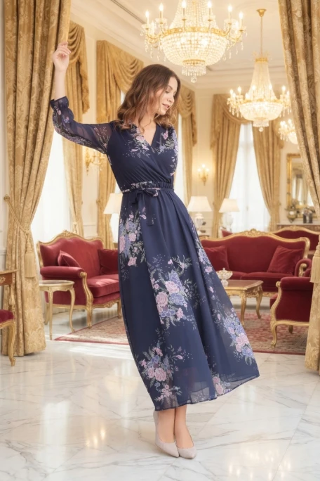 Uzun çiçekli Şifon Elbise - Laci