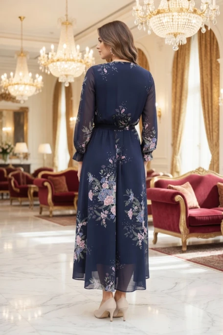 Uzun çiçekli Şifon Elbise - Laci