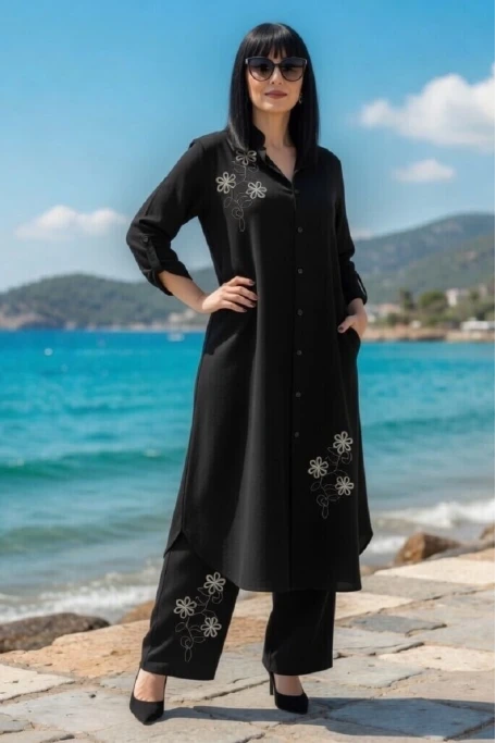 Papatya Nakışlı Takım Siyah