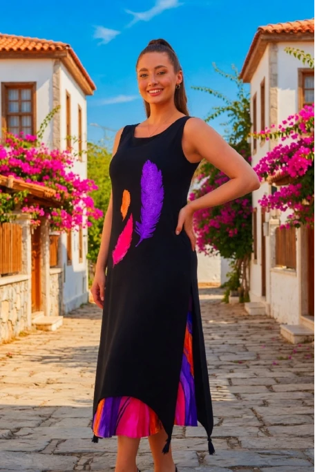 Eteği Çift Katlı Askılı Elbise