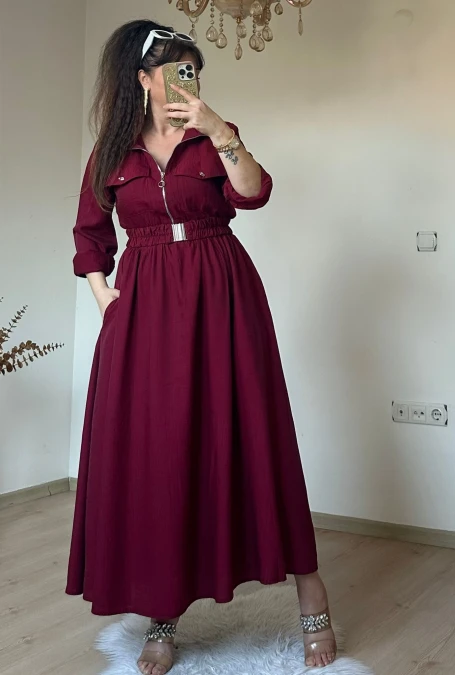 Yaka Cepli Spor Elbıse Bordo