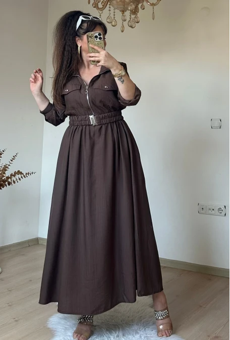 Yaka Cepli Spor Elbıse Kahve