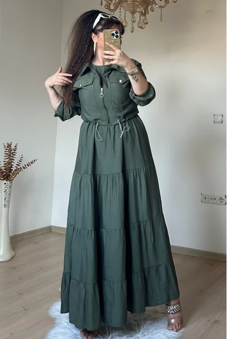 Mini Ceketli İpek Kupra Elbise Haki