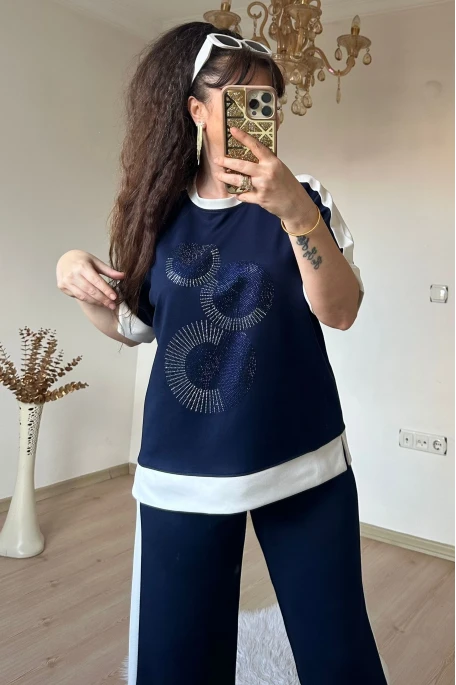 Ön Halka Taşlı Takım Lacıvert