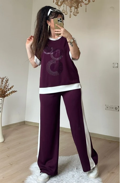 Ön Halka Taşlı Takım Bordo
