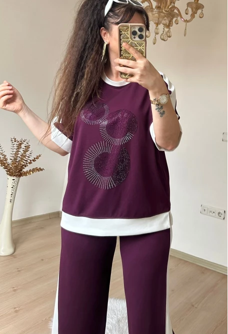 Ön Halka Taşlı Takım Bordo