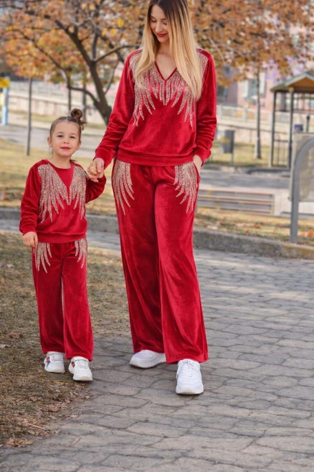 Angel Kadife Taşlı Takım Anne Kırmızı