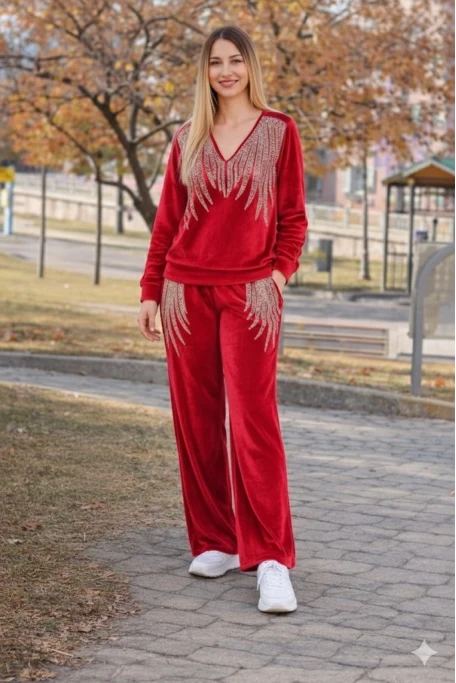 Angel Kadife Taşlı Takım Anne Kırmızı