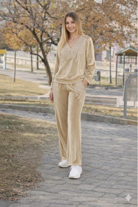 Angel Kadife Taşlı Takım Anne Krem