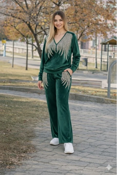 Angel Kadife Taşlı Takım Anne Yeşil