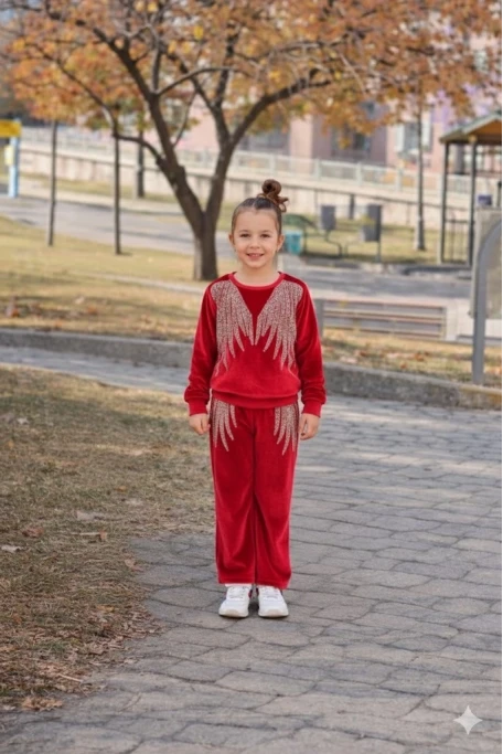 Angel Kadife Taşlı Takım Çoçuk Kırmızı