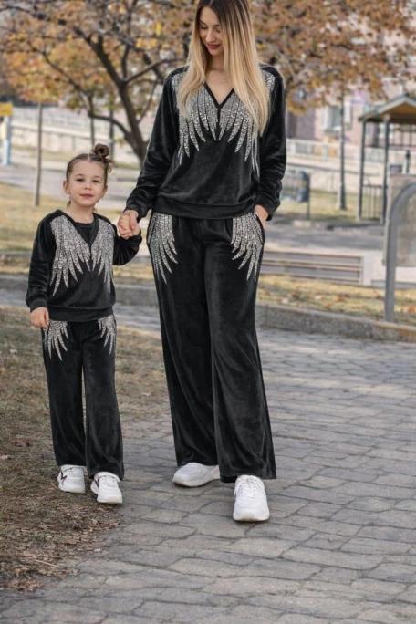 Angel Kadife Taşlı Takım Çoçuk Siyah