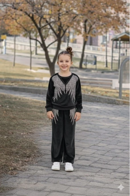Angel Kadife Taşlı Takım Çoçuk Siyah
