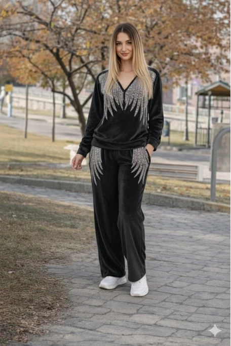 Angel Kadife Taşlı Takım Anne Siyah