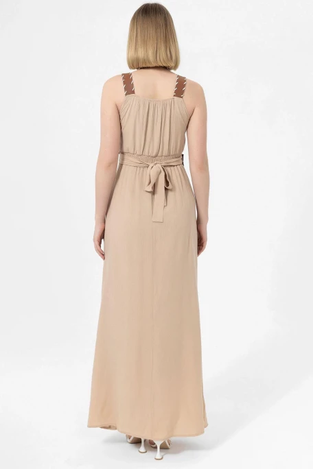 Askılı Deri Kemerli Elbise Bej