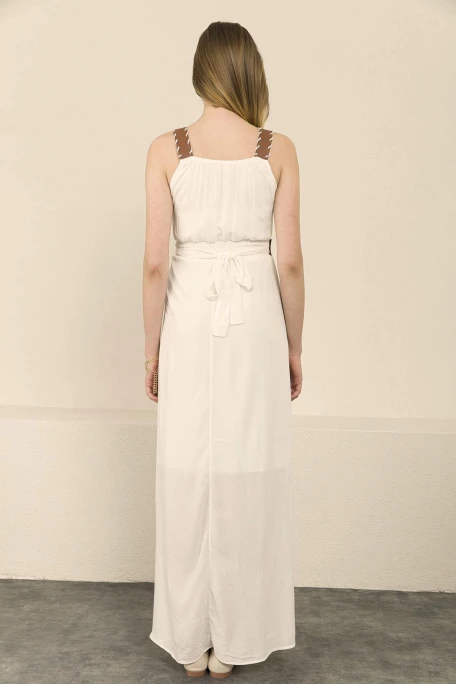 Askılı Deri Kemerli Elbise Beyaz