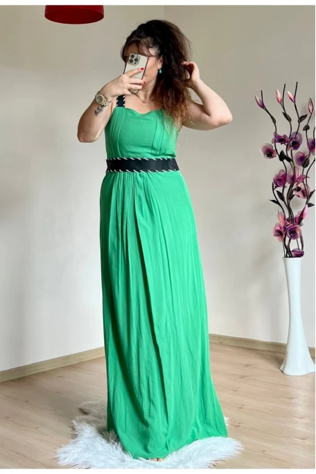 Askılı Deri Kemerli Elbise Yeşil