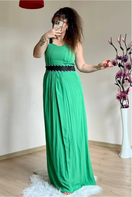 Askılı Deri Kemerli Elbise Yeşil