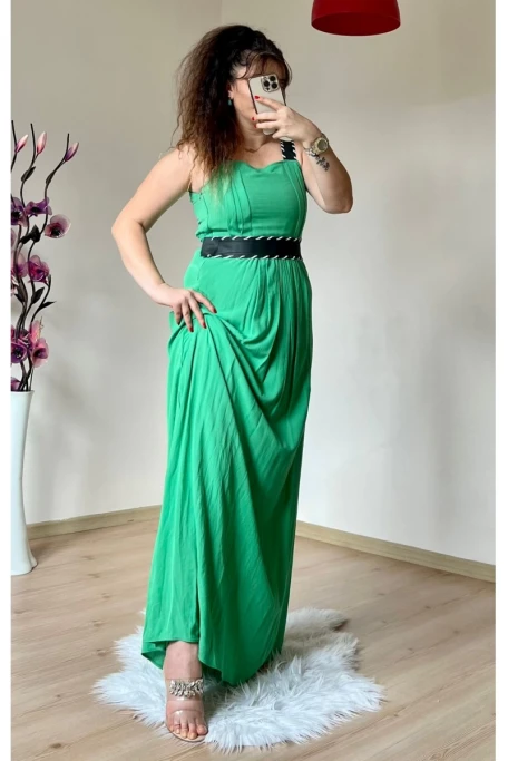 Askılı Deri Kemerli Elbise Yeşil