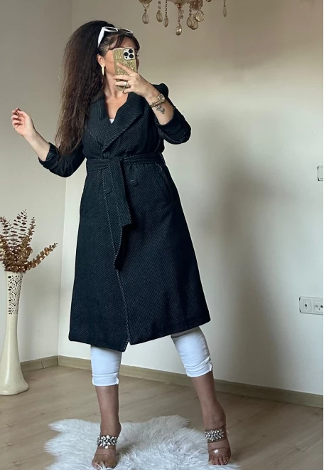 Balık Sırtı Kaşe Kaban Siyah