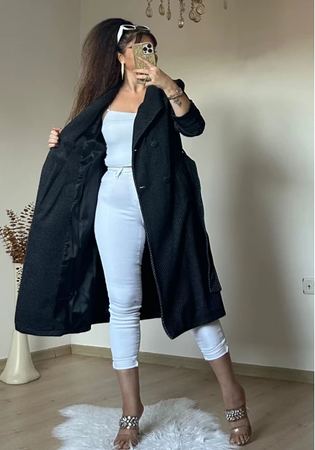 Balık Sırtı Kaşe Kaban Siyah