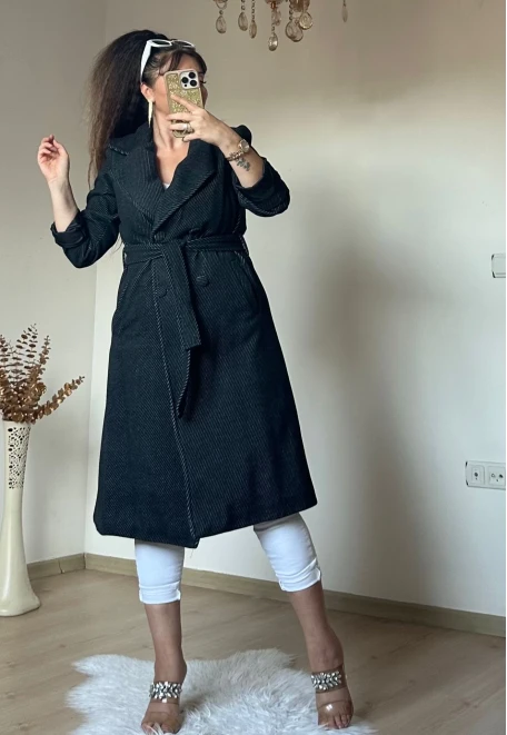 Balık Sırtı Kaşe Kaban Siyah