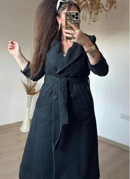 Balık Sırtı Kaşe Kaban Siyah