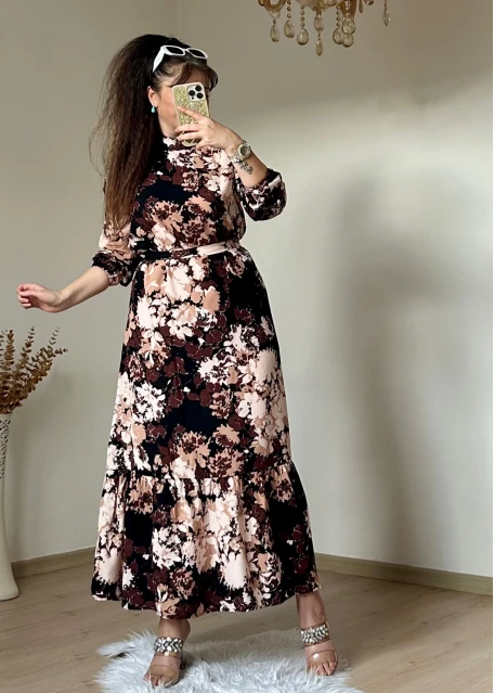 Balıkçı Yaka Kahve Çıceklı Elbise