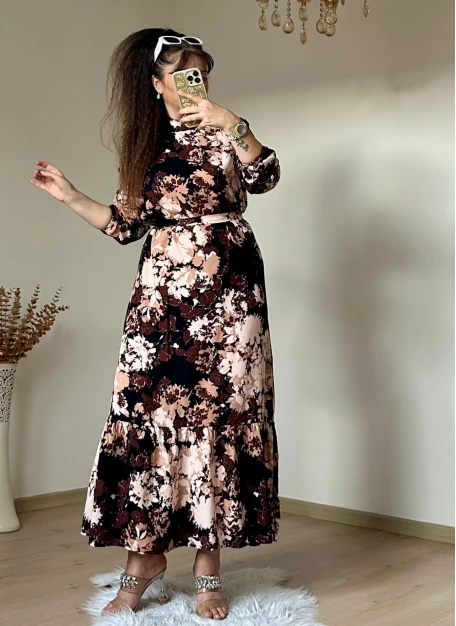 Balıkçı Yaka Kahve Çıceklı Elbise