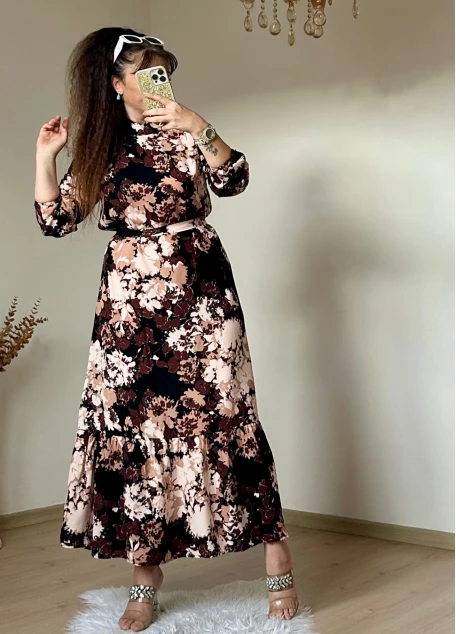 Balıkçı Yaka Kahve Çıceklı Elbise