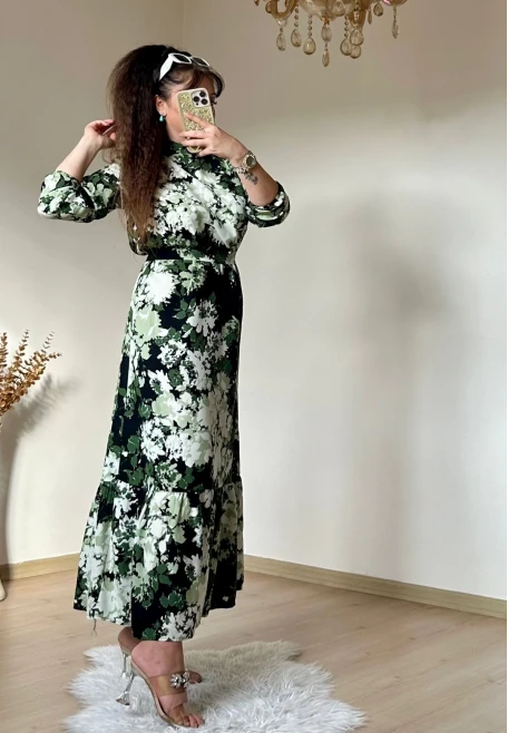 Balıkçı Yaka Yeşil Çıceklı Elbise