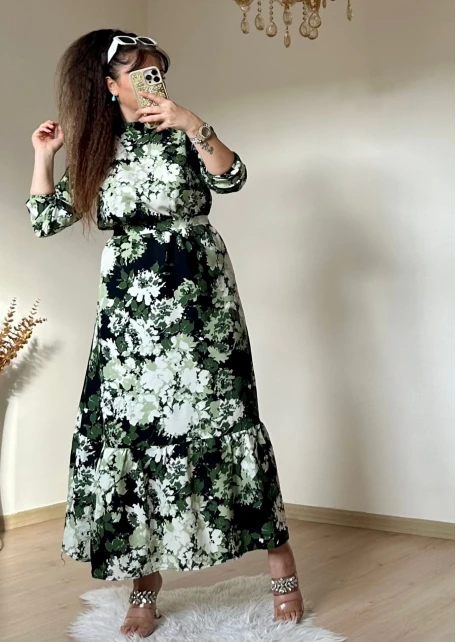 Balıkçı Yaka Yeşil Çıceklı Elbise