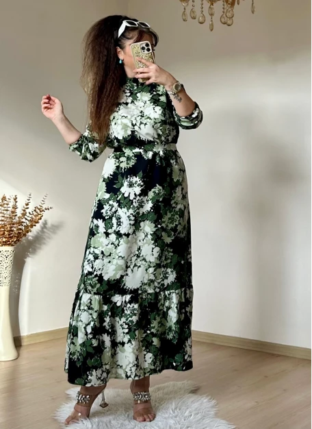 Balıkçı Yaka Yeşil Çıceklı Elbise