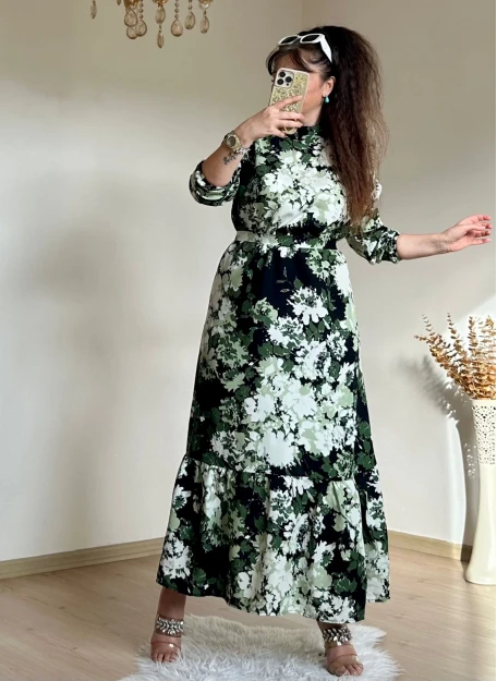 Balıkçı Yaka Yeşil Çıceklı Elbise