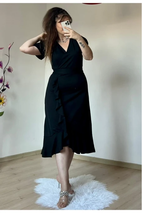 Balon Kol Fırfırlı Siyah Elbıse