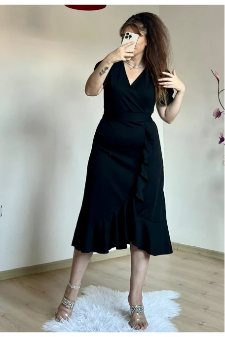 Balon Kol Fırfırlı Siyah Elbıse