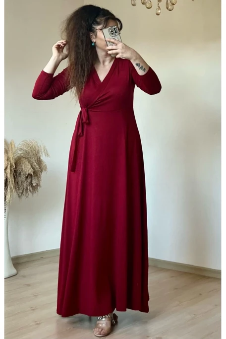 Bel Bağlamalı Elbise Bordo