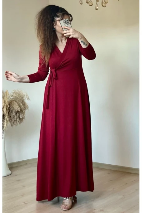 Bel Bağlamalı Elbise Bordo